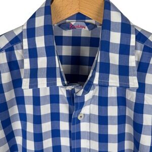 Boden Mens 16.5‎ Blue White Gingham Check Long Sleeve Shirt Cotton Spread Collar